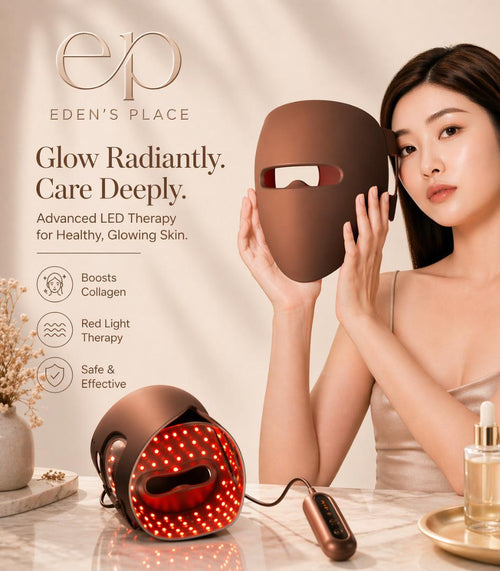 Woman holding a brown LED therapy mask with 'Eden's Place' branding and product features.